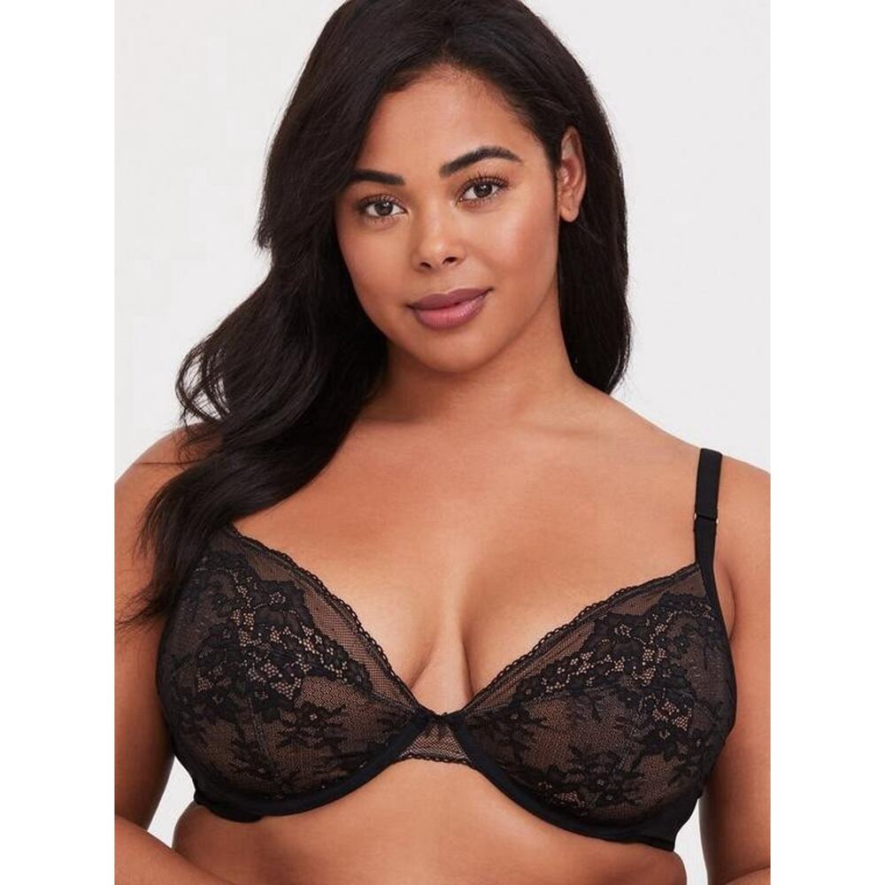 Torrid Curves Plus 40B Bra Plunge Unlined Mesh Lace‎ Straight Back Multi-Way